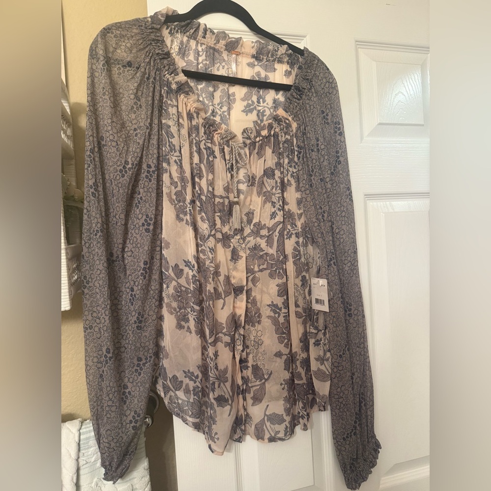 Free People Dusty Rose and Taupe Sheer Blouse with Navy/Taupe Floral Print